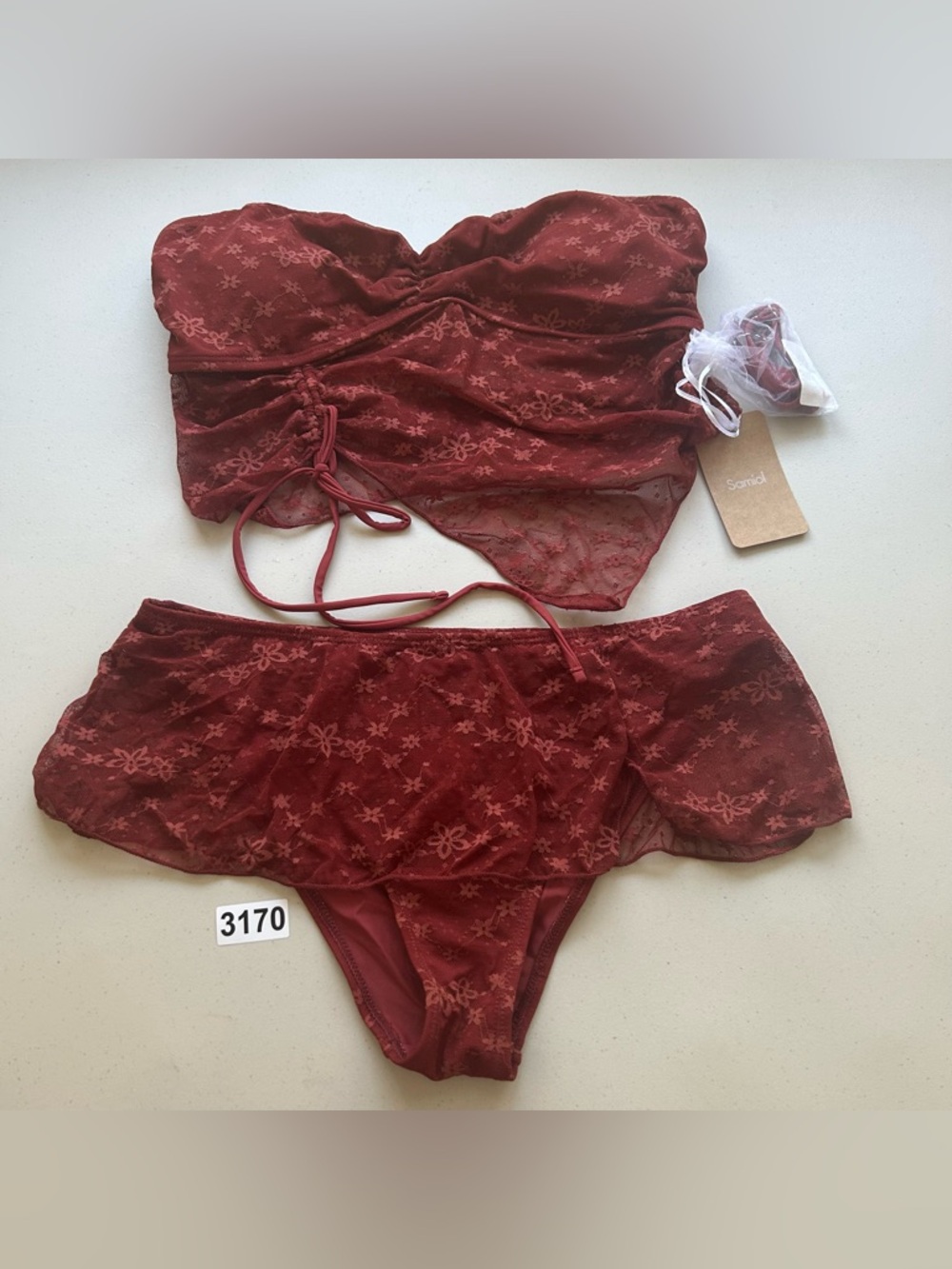 Samiol Women's Ruched Bandeau Bikini Set in Deep Red